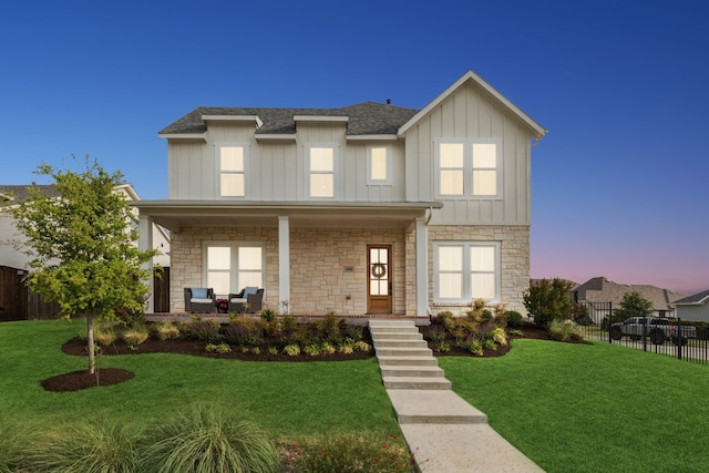 14000 Walsh Ave, Fort Worth, TX 76008 - traditional-style house featuring board and batten siding, stone siding, covered porch, and a shingled roof