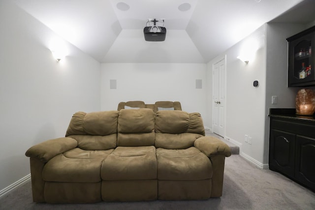 222 Crestview Dr, Midlothian, TX 76065 - home theater featuring baseboards, lofted ceiling, and light carpet