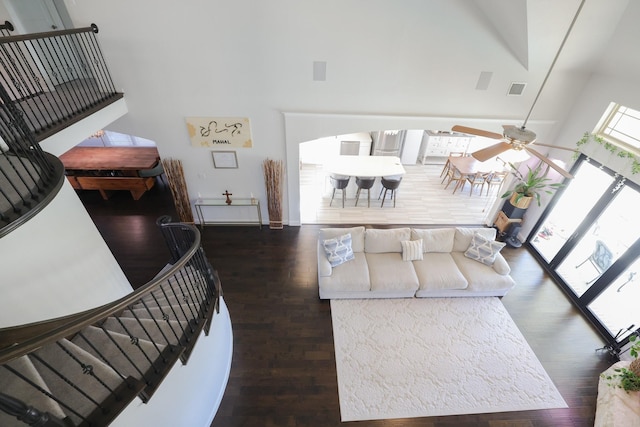 222 Crestview Dr, Midlothian, TX 76065 - living room featuring a high ceiling, a ceiling fan, wood finished floors, visible vents, and stairway