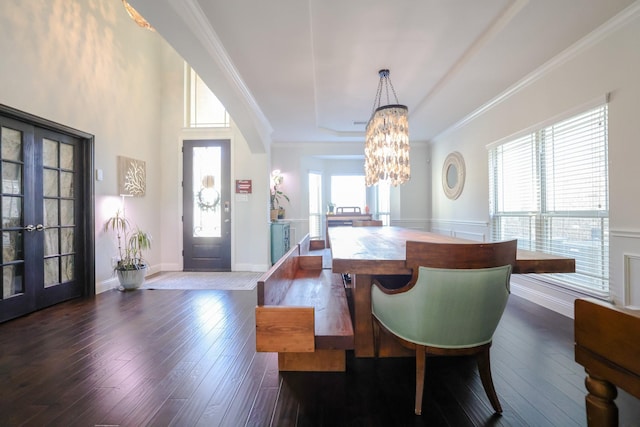 222 Crestview Dr, Midlothian, TX 76065 - dining space with crown molding, french doors, dark wood finished floors, and a chandelier