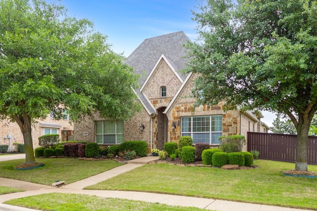 tudor house with fence, a front yard, brick siding, and stone siding