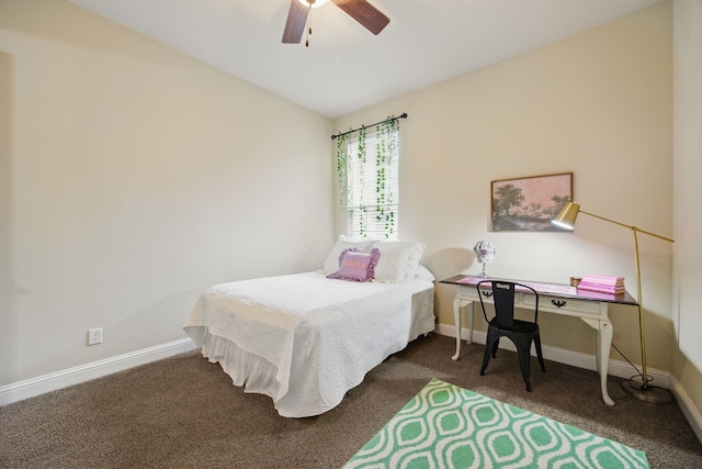 bedroom with carpet, a ceiling fan, and baseboards