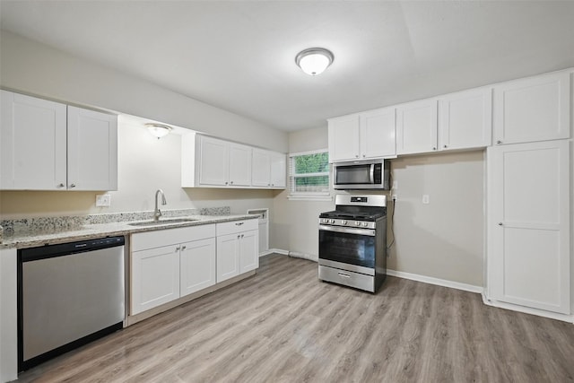 kitchen featuring light wood finished floors, a sink, white cabinets, and stainless steel appliances