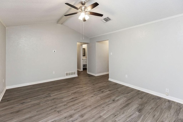unfurnished room featuring visible vents, ceiling fan, dark wood-style flooring, and baseboards