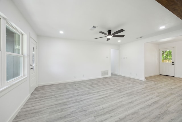unfurnished living room featuring light wood-type flooring, visible vents, ceiling fan, and recessed lighting