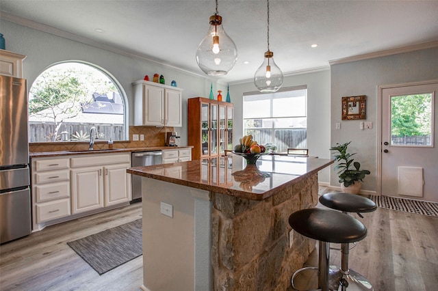 kitchen with a wealth of natural light, appliances with stainless steel finishes, and light wood-style flooring