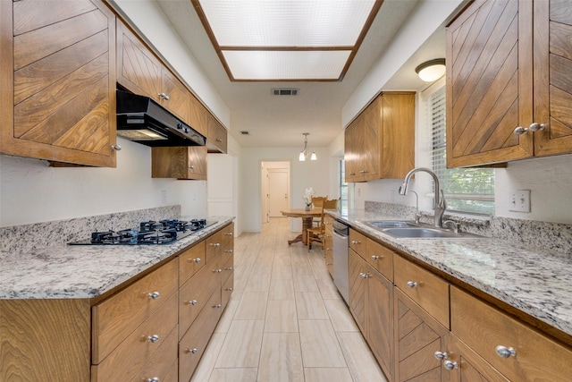 912 E Berkeley Dr, Richardson, TX 75081 - kitchen featuring under cabinet range hood, black gas cooktop, a sink, brown cabinetry, and dishwasher