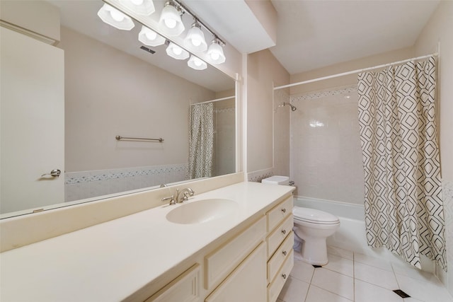 full bathroom with visible vents, shower / tub combo with curtain, toilet, vanity, and tile patterned flooring