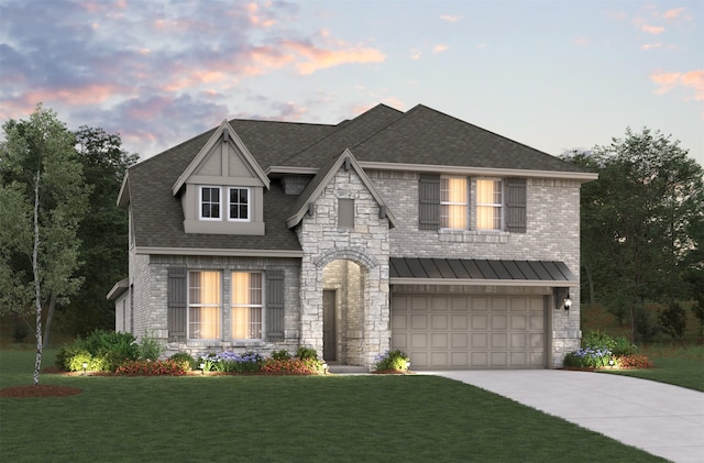 139 Old Glory Ln, Forney, TX 75126 - view of front facade with a shingled roof, a garage, a lawn, driveway, and stone siding