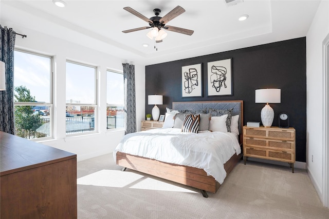 139 Old Glory Ln, Forney, TX 75126 - bedroom with recessed lighting, a raised ceiling, a ceiling fan, baseboards, and light colored carpet