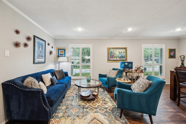 12312 Cox Ln, Dallas, TX 75244 - living area featuring wood finished floors, ornamental molding, plenty of natural light, a textured ceiling, and recessed lighting
