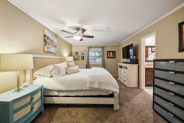 12312 Cox Ln, Dallas, TX 75244 - carpeted bedroom featuring ornamental molding and ceiling fan