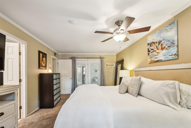 12312 Cox Ln, Dallas, TX 75244 - bedroom with ornamental molding, carpet floors, access to exterior, and a ceiling fan