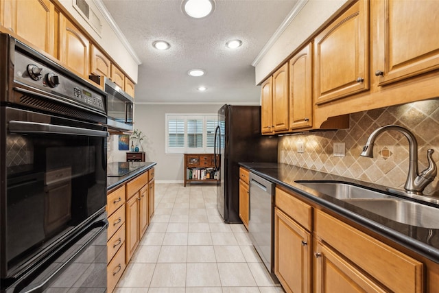 12312 Cox Ln, Dallas, TX 75244 - kitchen featuring black appliances, a sink, crown molding, backsplash, and dark countertops
