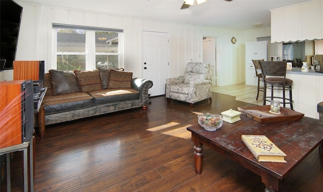 living room with a ceiling fan and wood-type flooring