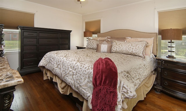 bedroom featuring crown molding and dark wood-style floors