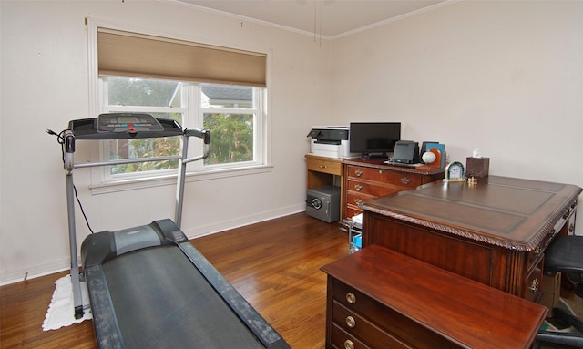 workout area featuring crown molding, baseboards, and dark wood-type flooring
