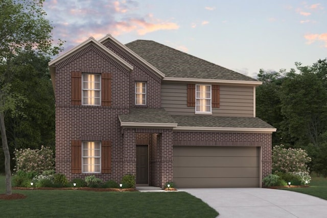 traditional home featuring brick siding, a shingled roof, driveway, and an attached garage