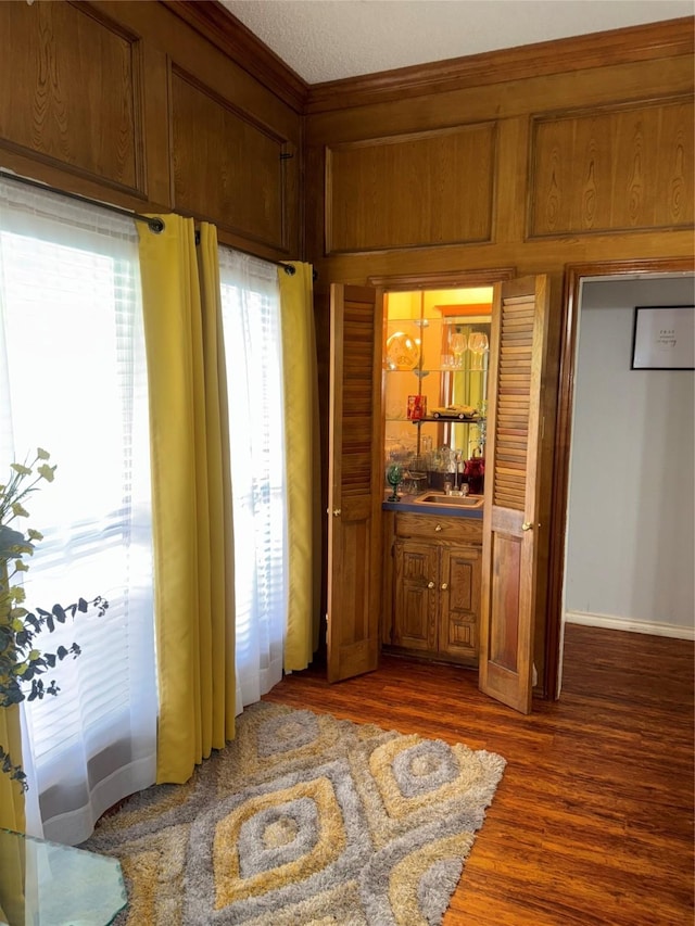 interior space with dark wood-type flooring, crown molding, and a sink