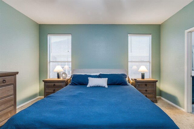 bedroom featuring carpet flooring, multiple windows, and baseboards