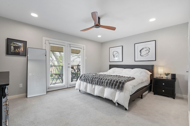 bedroom with ceiling fan, baseboards, recessed lighting, light carpet, and access to outside