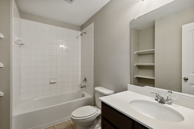 bathroom with shower / tub combination, vanity, toilet, and tile patterned flooring