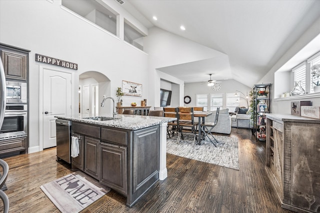 kitchen featuring ceiling fan, stainless steel appliances, plenty of natural light, and a sink