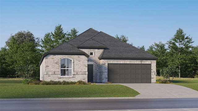 french country style house with brick siding, roof with shingles, a front lawn, concrete driveway, and an attached garage