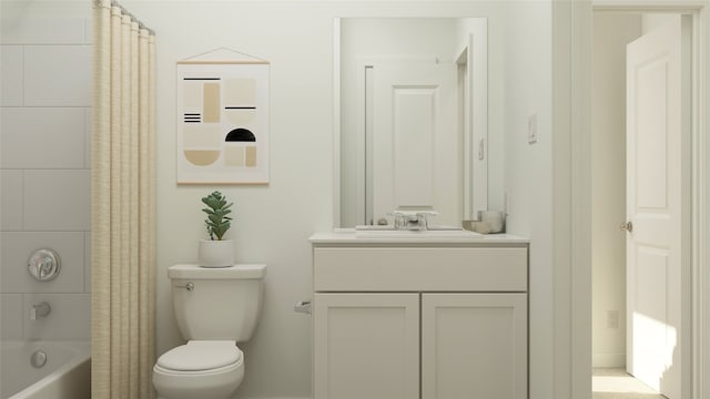 full bathroom with toilet, vanity, and shower / bath combination with curtain
