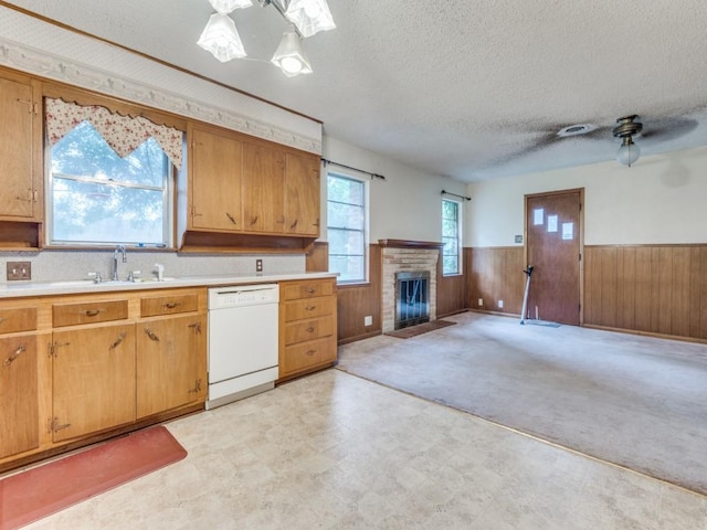 1413 Sylvan Dr, Arlington, TX 76012 - kitchen with a textured ceiling, dishwasher, a sink, a wainscoted wall, and light countertops
