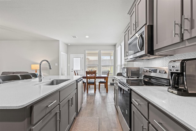 kitchen with gray cabinetry, light wood-style floors, appliances with stainless steel finishes, and a sink