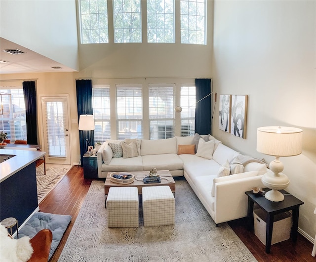 1861 Sandpiper Ln, Carrollton, TX 75007 - living room with wood finished floors, a high ceiling, and healthy amount of natural light