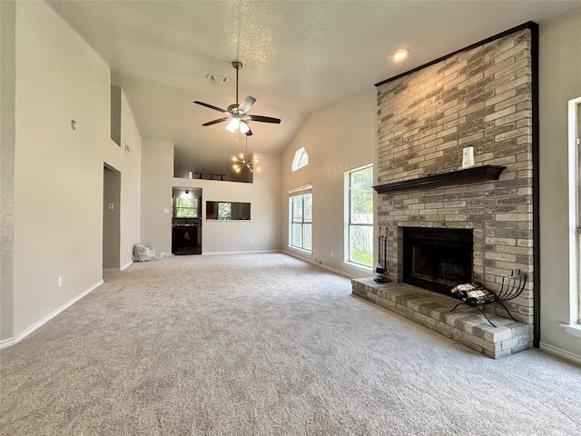 1809 Ramada Dr, Waco, TX 76712 - unfurnished living room featuring carpet, a fireplace, ceiling fan, and high vaulted ceiling