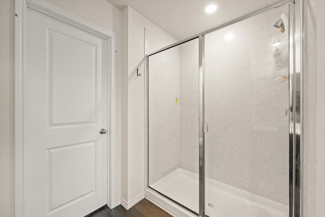 1417 Briar Hl, Denton, TX 76207 - full bath with a shower stall, wood finished floors, recessed lighting, and baseboards