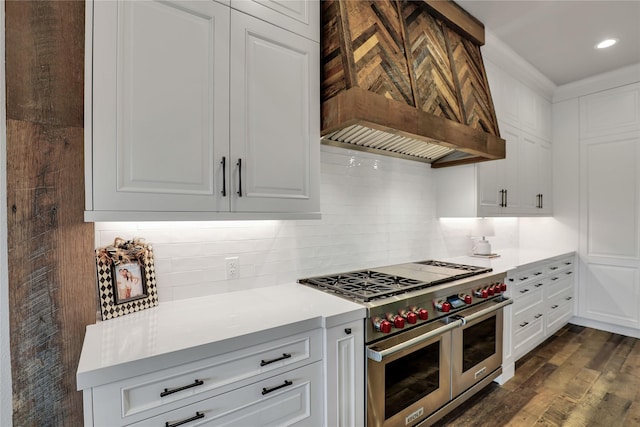 11588 Wild Rose Ln, Anna, TX 75409 - kitchen with double oven range, white cabinetry, light countertops, premium range hood, and backsplash