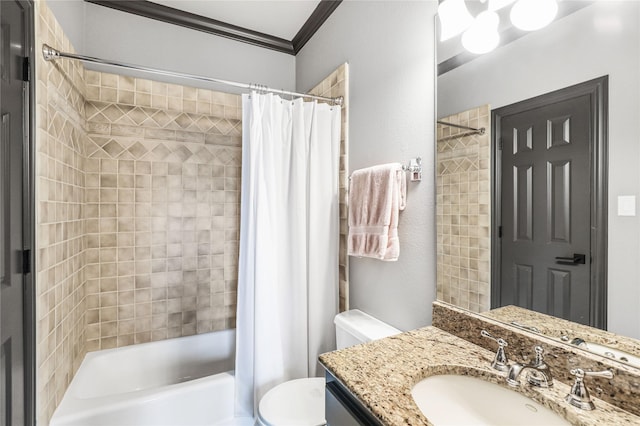 11588 Wild Rose Ln, Anna, TX 75409 - full bathroom featuring shower / bathtub combination with curtain, toilet, crown molding, and vanity