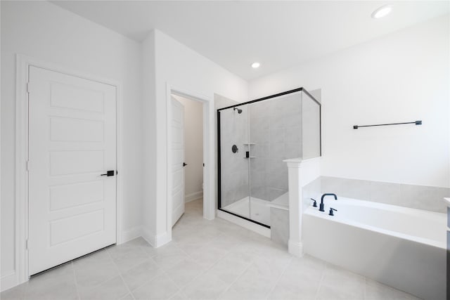 7306 Mallow Way, Venus, TX 76084 - bathroom featuring a stall shower, a bath, tile patterned floors, and recessed lighting