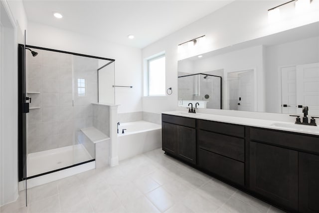 7306 Mallow Way, Venus, TX 76084 - full bath featuring a shower stall, a garden tub, double vanity, tile patterned flooring, and recessed lighting