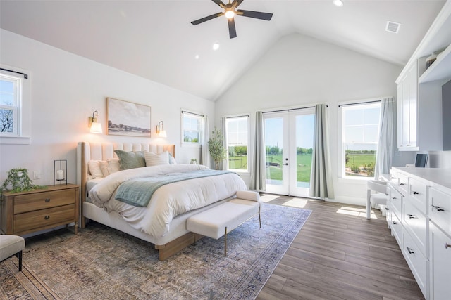 bedroom with visible vents, recessed lighting, dark wood-type flooring, french doors, and access to outside