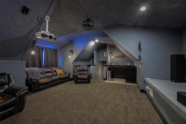 cinema room featuring bar area, wooden ceiling, lofted ceiling, and carpet