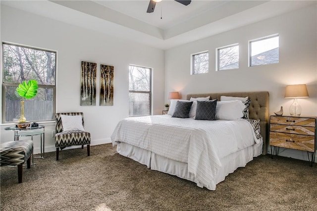10169 Budtime Ln, Dallas, TX 75217 - carpeted bedroom with baseboards, ceiling fan, and a tray ceiling