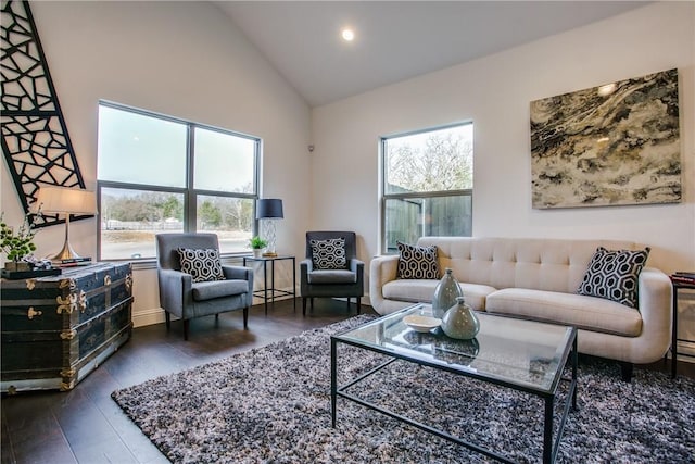 10169 Budtime Ln, Dallas, TX 75217 - living area with recessed lighting, high vaulted ceiling, and dark wood-style floors
