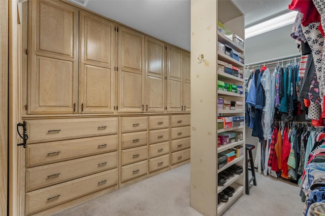 walk in closet with light carpet