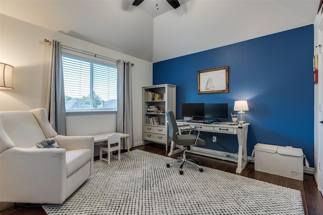 office featuring wood finished floors, a ceiling fan, high vaulted ceiling, and baseboards