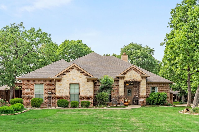 single story home featuring a front yard, stone siding, and a shingled roof
