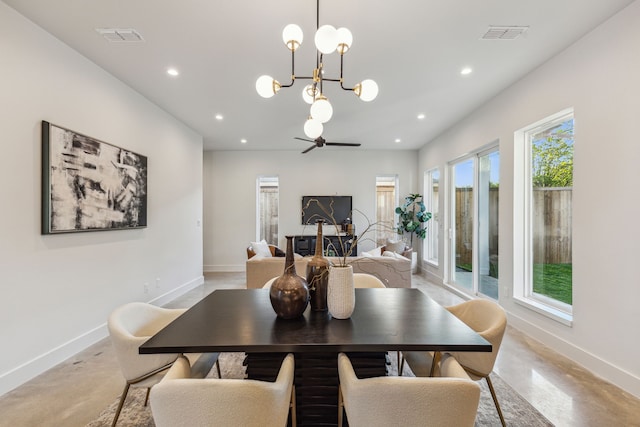 dining area with visible vents, recessed lighting, a notable chandelier, and baseboards