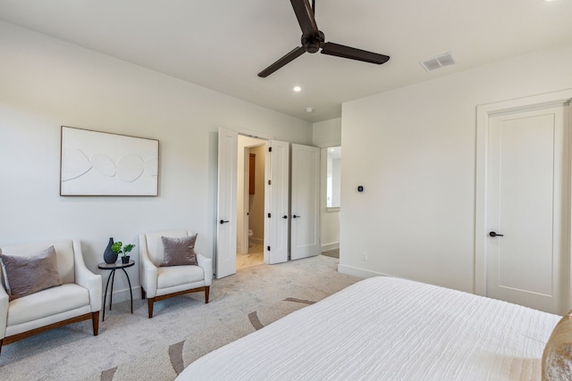 bedroom with recessed lighting, light colored carpet, ceiling fan, baseboards, and visible vents