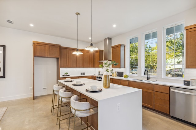kitchen with backsplash, wall chimney exhaust hood, dishwasher, and concrete floors