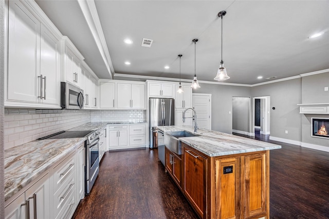 kitchen featuring a sink, appliances with stainless steel finishes, ornamental molding, and dark wood-type flooring