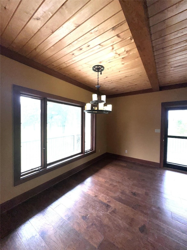 spare room with wood-type flooring, baseboards, a notable chandelier, and wooden ceiling